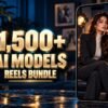 1,500+ AI Models Reels Bundle with metallic 3D title and a mobile video preview