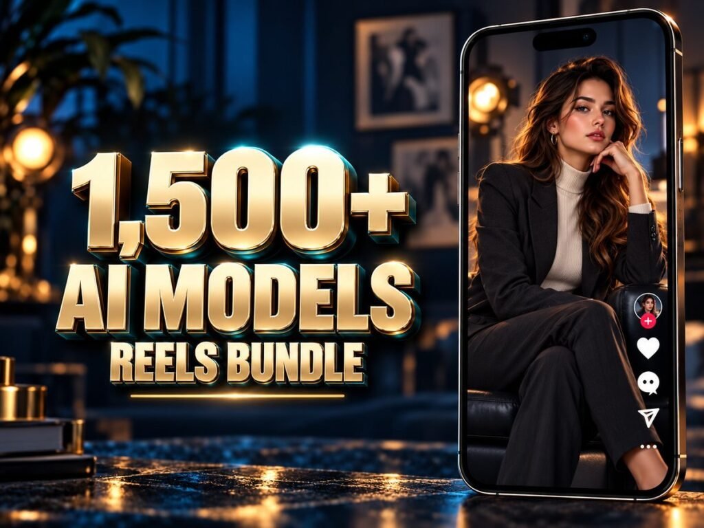 1,500+ AI Models Reels Bundle with metallic 3D title and a mobile video preview