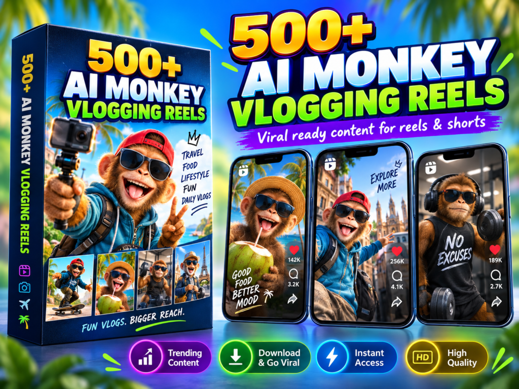 500+ AI Monkey Vlogging Reels Bundle – Funny AI Monkey Vlog Videos – AI Monkey Reels Bundle