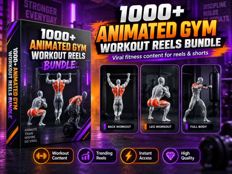 1000+ Animated Gym Workout Reels Bundle – animated exercise demonstrations, gym movements and fitness-focused short videos