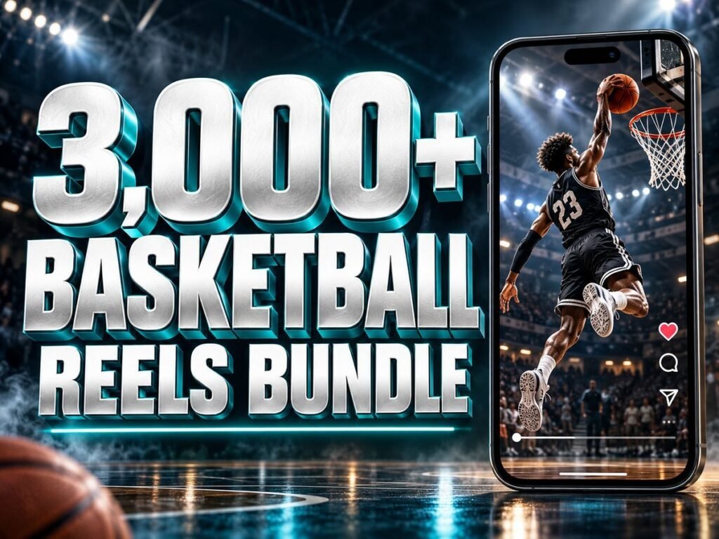3,000+ Basketball Reels Bundle with metallic 3D title and a mobile video preview