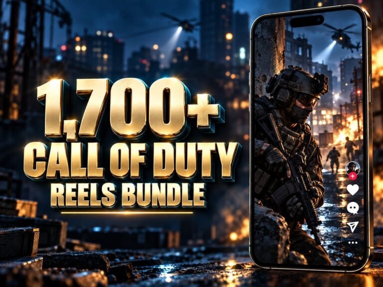 1,700+ Call of Duty Reels Bundle with metallic 3D title and a mobile video preview