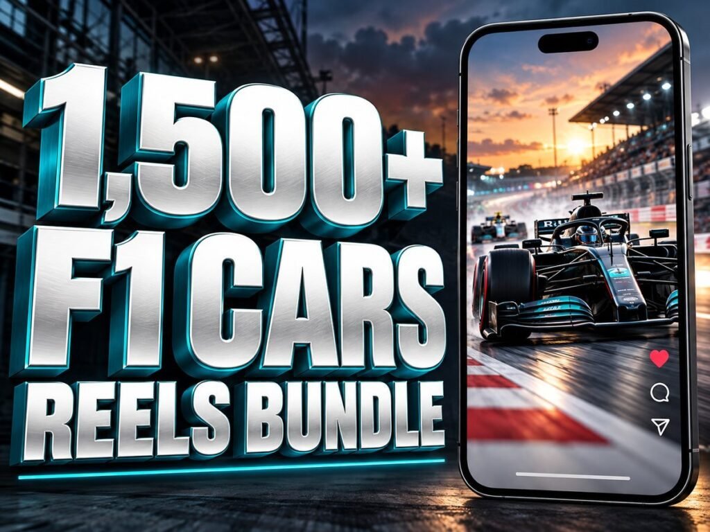 1,500+ F1 Cars Reels Bundle with metallic 3D title and a mobile video preview