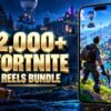 2,000+ Fortnite Reels Bundle with metallic 3D title and a mobile video preview