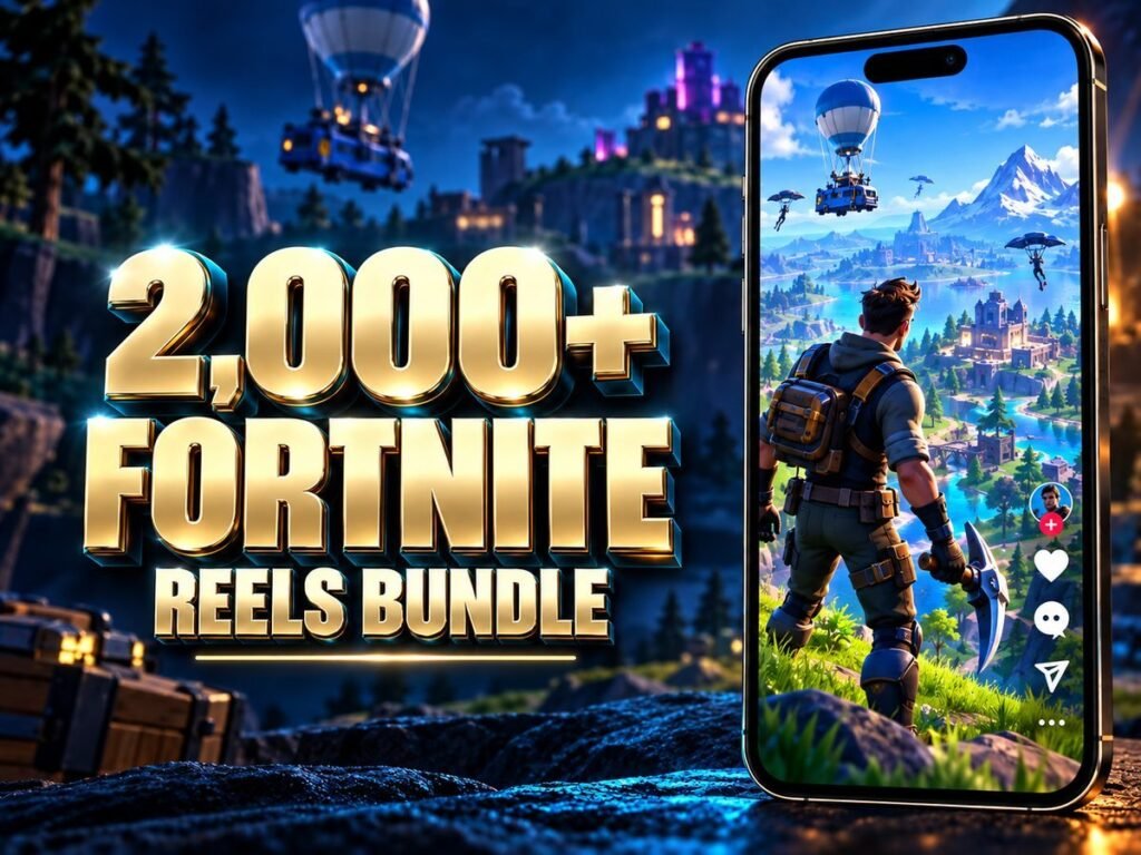 2,000+ Fortnite Reels Bundle with metallic 3D title and a mobile video preview