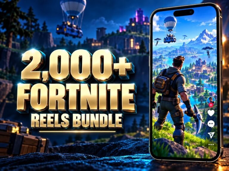 2,000+ Fortnite Reels Bundle with metallic 3D title and a mobile video preview