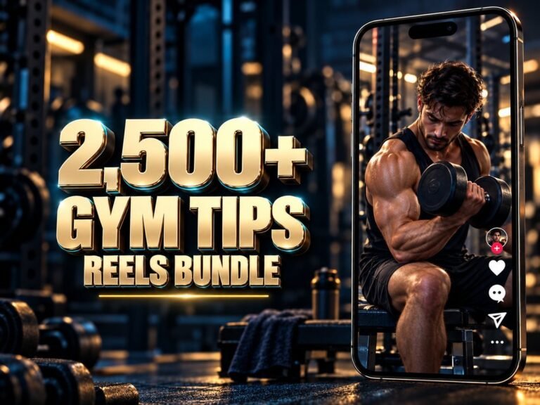 2,500+ Gym Tips Reels Bundle with metallic 3D title and a mobile video preview