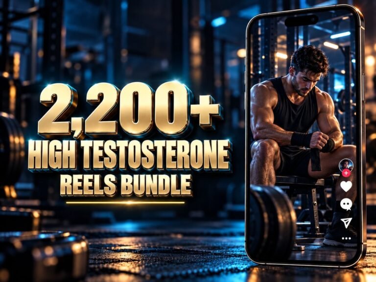 2,200+ High Testosterone Reels Bundle with metallic 3D title and a mobile video preview