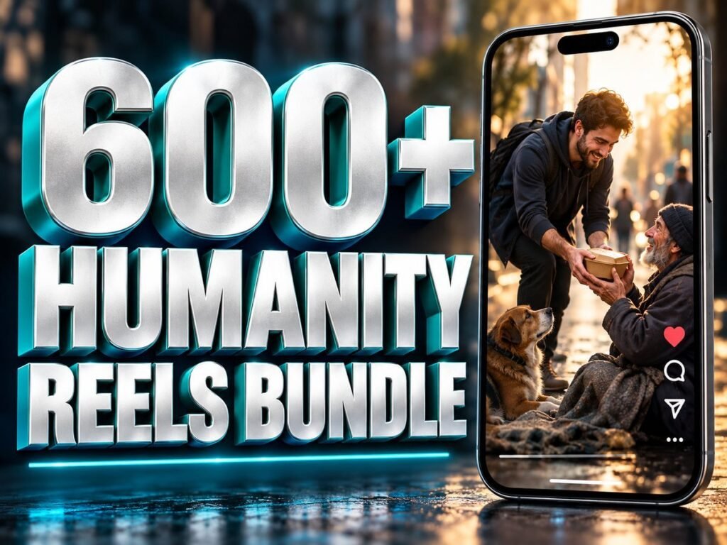 600+ Humanity & Kindness Reels Bundle with metallic 3D title and a mobile video preview