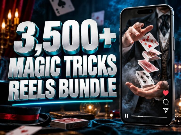 3,500+ Magic Tricks Reels Bundle with metallic 3D title and a mobile video preview
