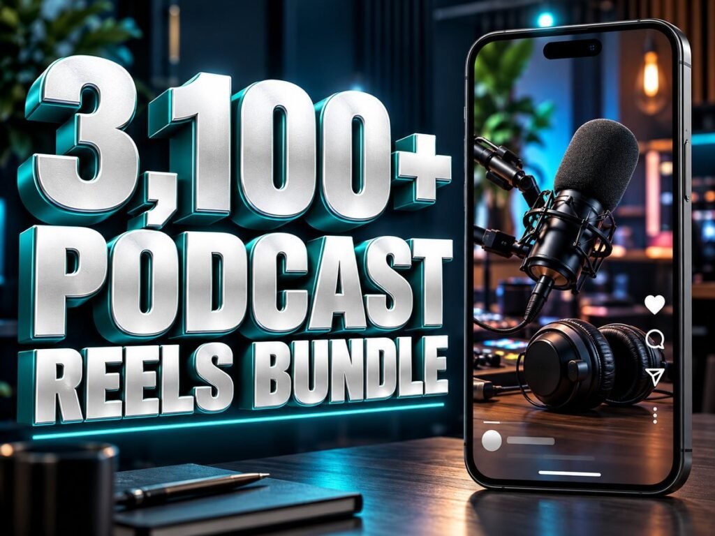 3,100+ Podcast Reels Bundle with metallic 3D title and a mobile video preview