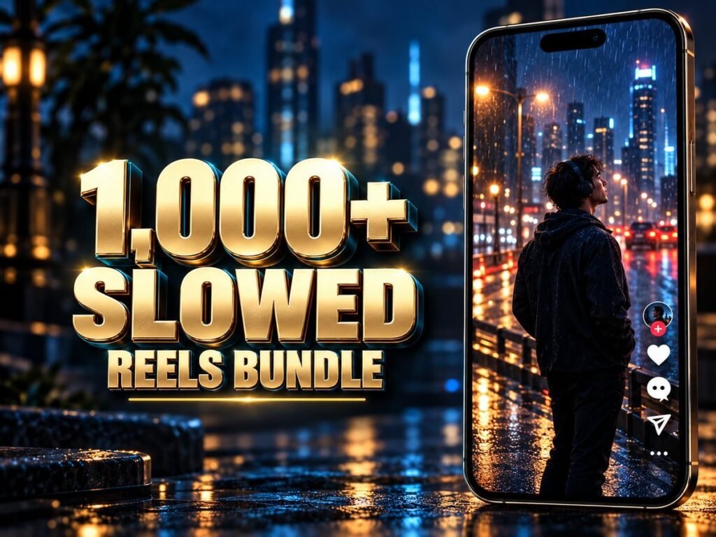 1,000+ Slowed Reels Bundle with metallic 3D title and a mobile video preview
