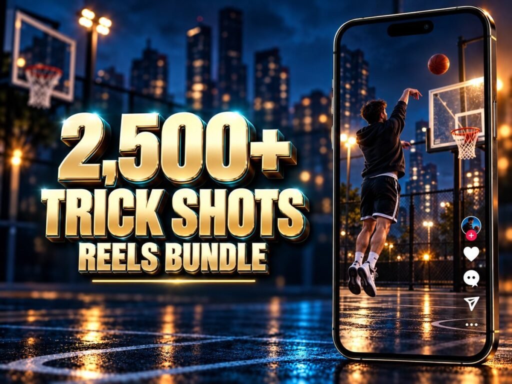 2,500+ Trick Shots Reels Bundle with metallic 3D title and a mobile video preview
